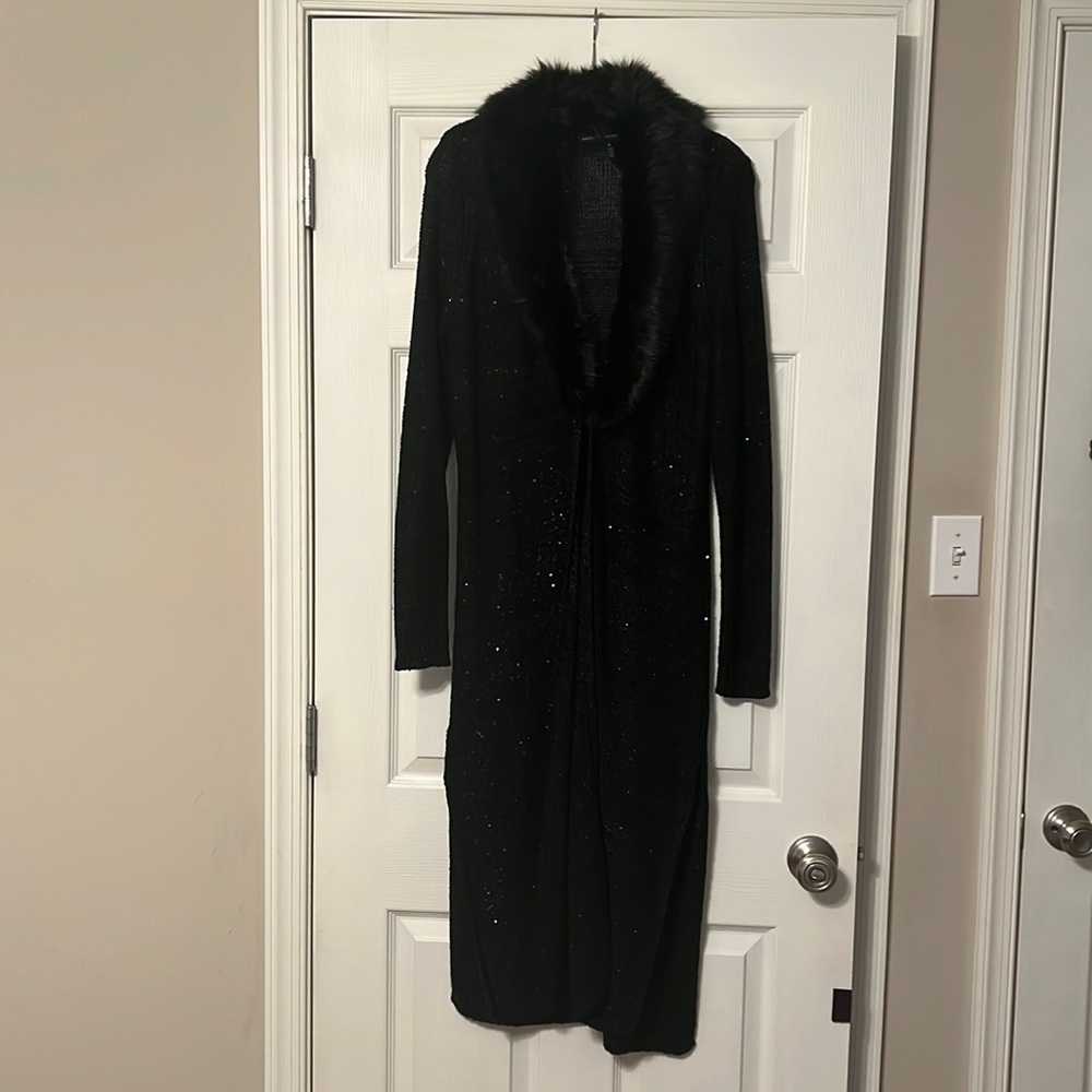 White House, Black market, sequin duster sweater with removable fur collar